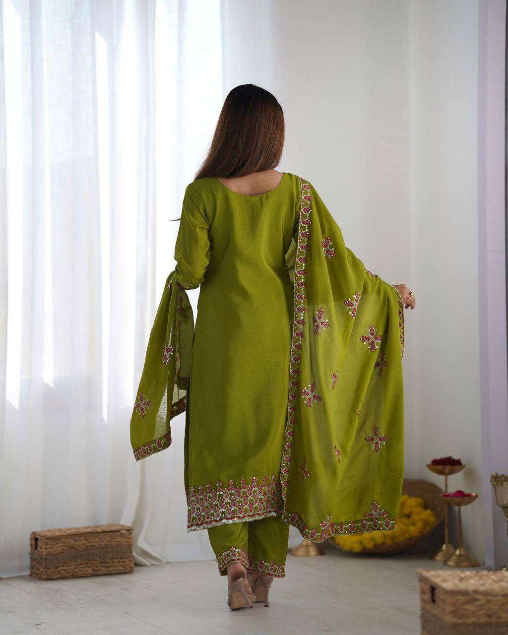 Women's Chinnon Silk Embroidery Sequence Work and Lace Work Straight Kurti With Pant and Dupatta - Image 2