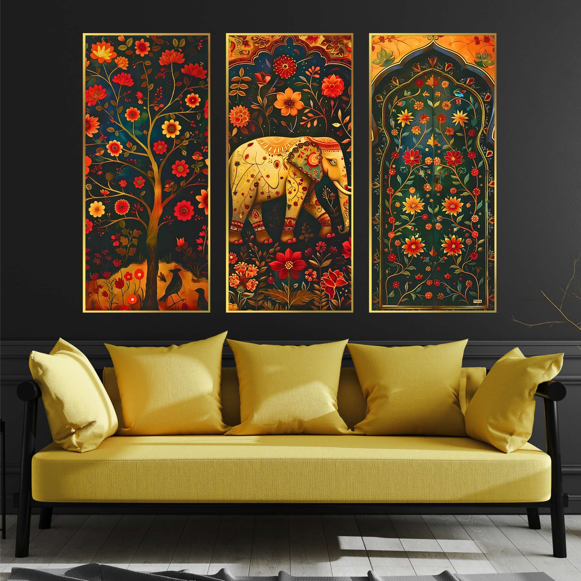 Set of Three large Wall Paintings for Wall Dacoration Golden Framed Wall Paintings for Living Room & Bedroom Wall Art for Home Decoration & Office Wall Décor (14x11 inch CH-LGD3-3)
